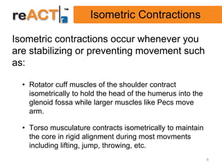 Isometric Contractions

Isometric contractions occur whenever you
are stabilizing or preventing movement such
as:

  • Rotator cuff muscles of the shoulder contract
    isometrically to hold the head of the humerus into the
    glenoid fossa while larger muscles like Pecs move
    arm.

  • Torso musculature contracts isometrically to maintain
    the core in rigid alignment during most movments
    including lifting, jump, throwing, etc.
                                                             6
 