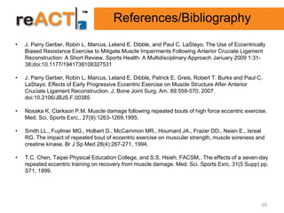 References/Bibliography
•   J. Parry Gerber, Robin L. Marcus, Leland E. Dibble, and Paul C. LaStayo. The Use of Eccentrically
    Biased Resistance Exercise to Mitigate Muscle Impairments Following Anterior Cruciate Ligament
    Reconstruction: A Short Review. Sports Health: A Multidisciplinary Approach January 2009 1:31-
    38;doi:10.1177/1941738108327531

•   J. Parry Gerber, Robin L. Marcus, Leland E. Dibble, Patrick E. Greis, Robert T. Burks and Paul C.
    LaStayo. Effects of Early Progressive Eccentric Exercise on Muscle Structure After Anterior
    Cruciate Ligament Reconstruction. J. Bone Joint Surg. Am. 89:559-570, 2007.
    doi:10.2106/JBJS.F.00385

•   Nosaka K, Clarkson P.M. Muscle damage following repeated bouts of high force eccentric exercise.
    Med. Sci. Sports Exrc., 27(9):1263-1269,1995.

•   Smith LL., Fuylmer MG., Holbert D., McCammon MR., Houmard JA., Frazer DD., Nsien E., Isreal
    RG. The impact of repeated bout of eccentric exercise on muscular strength, muscle soreness and
    creatine kinase. Br J Sp Med 28(4):267-271, 1994.

•   T.C. Chen, Taipei Physical Education College, and S.S. Hsieh, FACSM,. The effects of a seven-day
    repeated eccentric training on recovery from muscle damage. Med. Sci. Sports Exrc. 31(5 Supp) pp.
    S71, 1999.




                                                                                                    60
 
