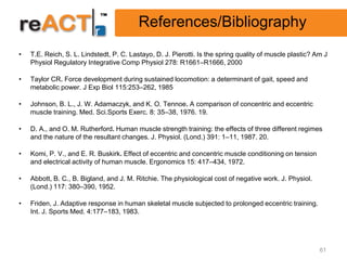 References/Bibliography
•   T.E. Reich, S. L. Lindstedt, P. C. Lastayo, D. J. Pierotti. Is the spring quality of muscle plastic? Am J
    Physiol Regulatory Integrative Comp Physiol 278: R1661–R1666, 2000

•   Taylor CR. Force development during sustained locomotion: a determinant of gait, speed and
    metabolic power. J Exp Biol 115:253–262, 1985

•   Johnson, B. L., J. W. Adamaczyk, and K. O. Tennoe. A comparison of concentric and eccentric
    muscle training. Med. Sci.Sports Exerc. 8: 35–38, 1976. 19.

•   D. A., and O. M. Rutherford. Human muscle strength training: the effects of three different regimes
    and the nature of the resultant changes. J. Physiol. (Lond.) 391: 1–11, 1987. 20.

•   Komi, P. V., and E. R. Buskirk. Effect of eccentric and concentric muscle conditioning on tension
    and electrical activity of human muscle. Ergonomics 15: 417–434, 1972.

•   Abbott, B. C., B. Bigland, and J. M. Ritchie. The physiological cost of negative work. J. Physiol.
    (Lond.) 117: 380–390, 1952.

•   Friden, J. Adaptive response in human skeletal muscle subjected to prolonged eccentric training.
    Int. J. Sports Med. 4:177–183, 1983.




                                                                                                          61
 