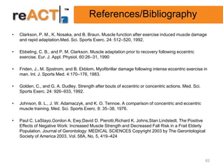 References/Bibliography
•   Clarkson, P. M., K. Nosaka, and B. Braun. Muscle function after exercise induced muscle damage
    and rapid adaptation.Med. Sci. Sports Exerc. 24: 512–520, 1992.

•   Ebbeling, C. B., and P. M. Clarkson. Muscle adaptation prior to recovery following eccentric
    exercise. Eur. J. Appl. Physiol. 60:26–31, 1990

•   Friden, J., M. Sjostrom, and B. Ekblom. Myofibrillar damage following intense eccentric exercise in
    man. Int. J. Sports Med. 4:170–176, 1983.

•   Golden, C., and G. A. Dudley. Strength after bouts of eccentric or concentric actions. Med. Sci.
    Sports Exerc. 24: 926–933, 1992.

•   Johnson, B. L., J. W. Adamaczyk, and K. O. Tennoe. A comparison of concentric and eccentric
    muscle training. Med. Sci. Sports Exerc. 8: 35–38, 1976.

•   Paul C. LaStayo,Gordon A. Ewy,David D. Pierotti,Richard K. Johns,Stan Lindstedt. The Positive
    Effects of Negative Work: Increased Muscle Strength and Decreased Fall Risk in a Frail Elderly
    Population. Journal of Gerontology: MEDICAL SCIENCES Copyright 2003 by The Gerontological
    Society of America 2003, Vol. 58A, No. 5, 419–424




                                                                                                       62
 