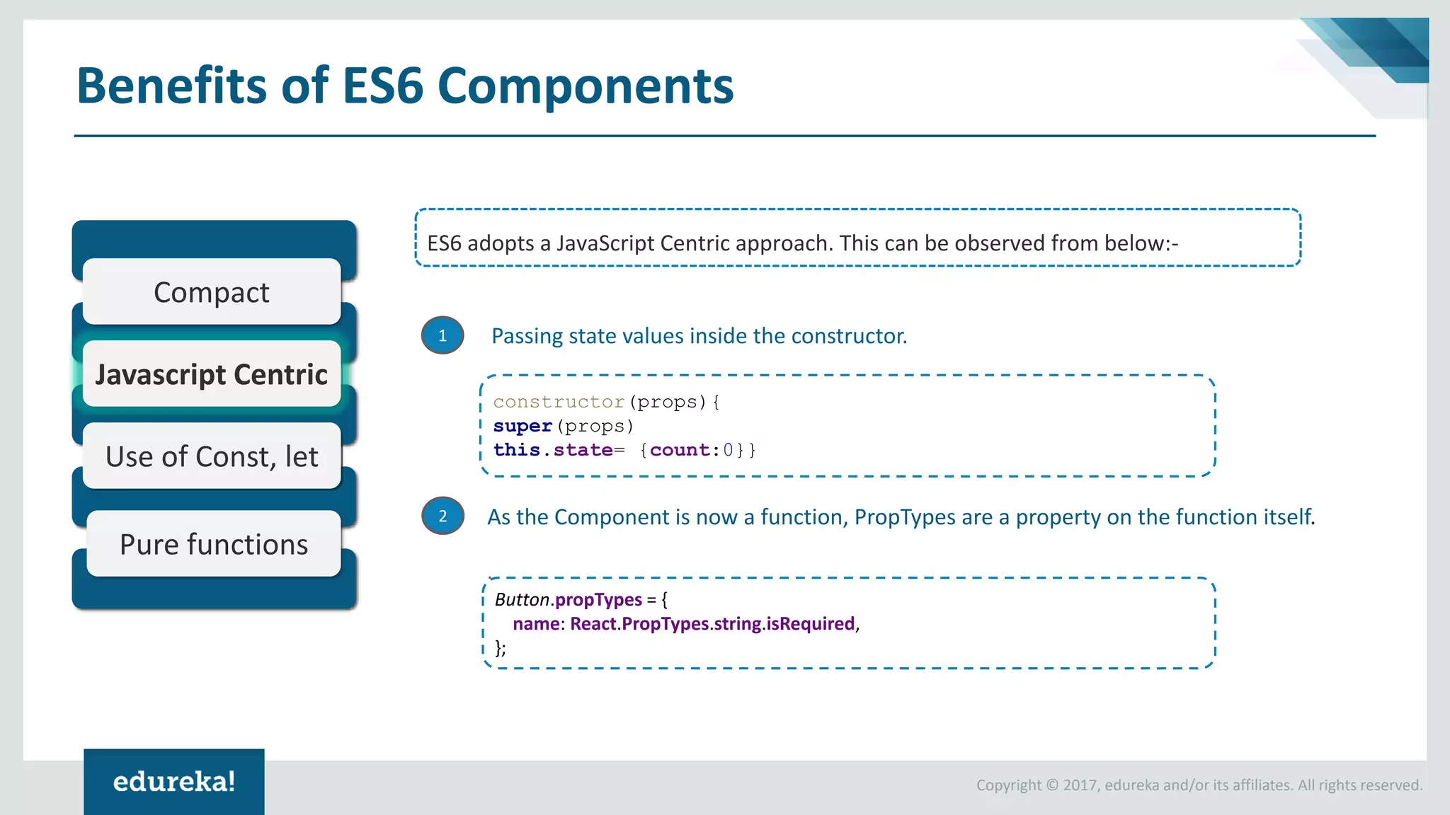 Copyright © 2017, edureka and/or its affiliates. All rights reserved. Benefits of ES6 Components ES6 adopts a JavaScript Centric approach. This can be observed from below:- Compact Javascript Centric Use of Const, let Pure functions Benefits of ES6 Components Passing state values inside the constructor. As the Component is now a function, PropTypes are a property on the function itself. . 1 2 Compact Javascript Centric Use of Const, let Pure functions constructor(props){ super(props) this.state= {count:0}} Button.propTypes = { name: React.PropTypes.string.isRequired, }; 