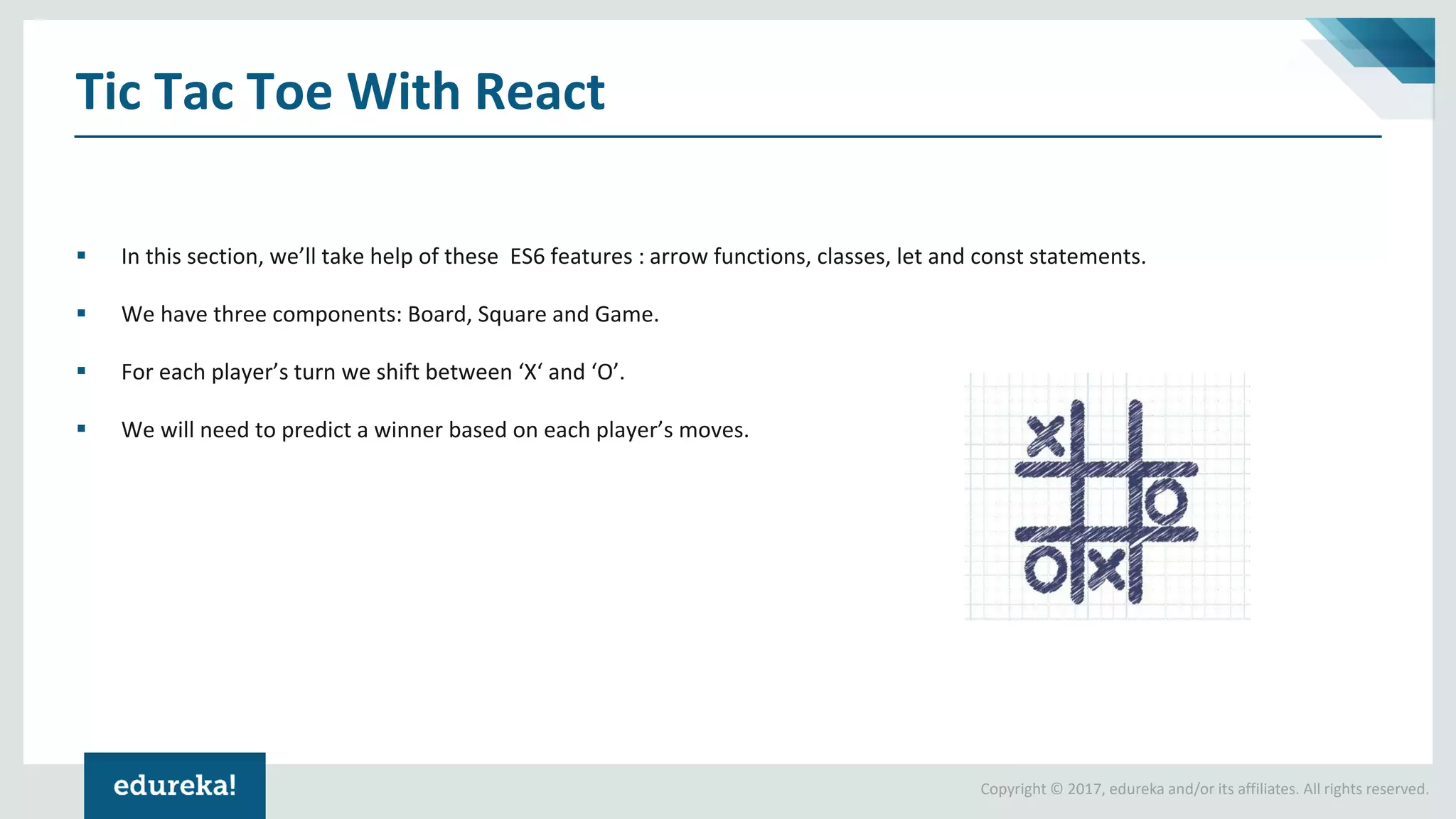 Copyright © 2017, edureka and/or its affiliates. All rights reserved. Tic Tac Toe With React ▪ In this section, we’ll take help of these ES6 features : arrow functions, classes, let and const statements. ▪ We have three components: Board, Square and Game. ▪ For each player’s turn we shift between ‘X‘ and ‘O’. ▪ We will need to predict a winner based on each player’s moves. 