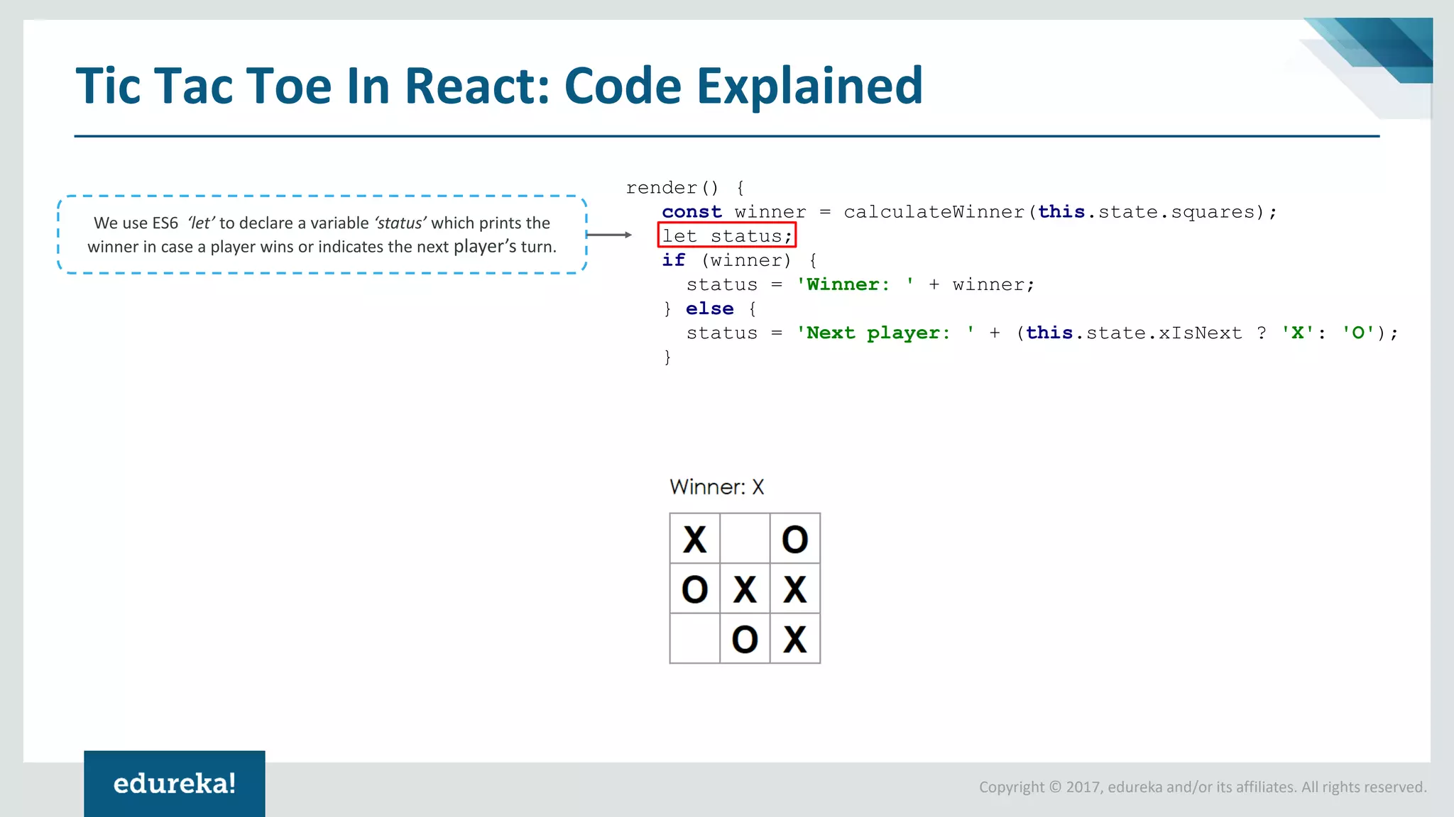 Copyright © 2017, edureka and/or its affiliates. All rights reserved. Tic Tac Toe In React: Code Explained render() { const winner = calculateWinner(this.state.squares); let status; if (winner) { status = 'Winner: ' + winner; } else { status = 'Next player: ' + (this.state.xIsNext ? 'X': 'O'); } We use ES6 ‘let’ to declare a variable ‘status’ which prints the winner in case a player wins or indicates the next player’s turn. 