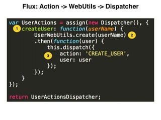 Flux: Action -> WebUtils -> Dispatcher
1
2
3
 