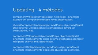 Updating - 4 métodos
componentWillReceiveProps(object nextProps) - Chamado
quando um componente recebe novas propriedades.
shouldComponentUpdate(object nextProps, object nextState)
Deve retornar um boolean se o componente deverá ser
atualizado ou não.
componentWillUpdate(object nextProps, object nextState)
Chamado imediatamente antes de uma atualização acontecer.
Não pode chamar this.setState aqui.
componentDidUpdate(object prevProps, object prevState)
Chamado imediatamente depois da atualização acontecer.
 