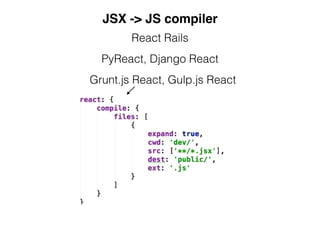 JSX -> JS compiler
React Rails
PyReact, Django React
Grunt.js React, Gulp.js React
 