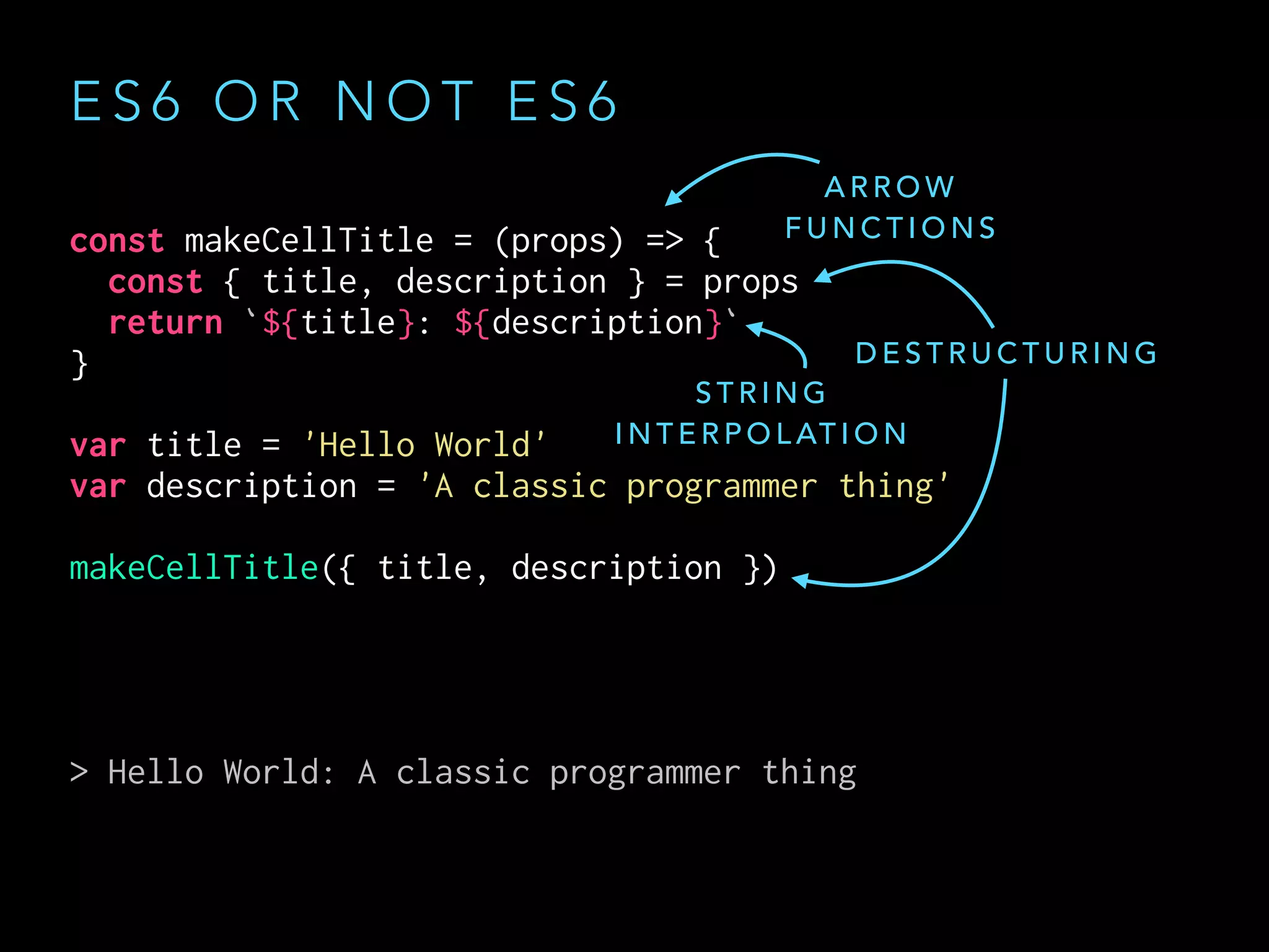 const makeCellTitle = (props) => {
const { title, description } = props
return `${title}: ${description}`
}
var title = 'Hello World'
var description = 'A classic programmer thing'
makeCellTitle({ title, description })
> Hello World: A classic programmer thing
E S 6 O R N O T E S 6
A R R O W
F U N C T I O N S
S T R I N G
I N T E R P O L AT I O N
D E S T R U C T U R I N G
 