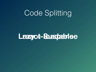 Code Splitting
Lazy + Suspensereact-loadable
 