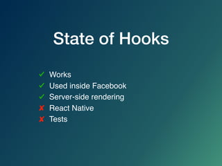 State of Hooks
Works
Used inside Facebook
Server-side rendering
React Native
Tests
 