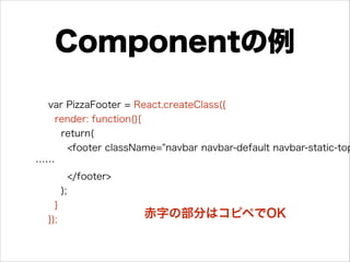 Componentの例
var PizzaFooter = React.createClass({
render: function(){
return(
<footer className="navbar navbar-default navbar-static-top
……
</footer>
);
}
});
赤字の部分はコピペでOK
 
