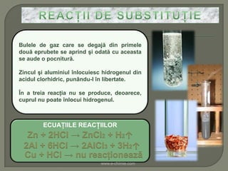 Bulele de gaz care se degajă din primele
două eprubete se aprind şi odată cu aceasta
se aude o pocnitură.

Zincul şi aluminiul înlocuiesc hidrogenul din
acidul clorhidric, punându-l în libertate.

În a treia reacţia nu se produce, deoarece,
cuprul nu poate înlocui hidrogenul.



        ECUAŢIILE REACŢIILOR
  Zn + 2HCl → ZnCl2 + H2↑
 2Al + 6HCl → 2AlCl3 + 3H2↑
 Cu + HCl → nu reacţionează
                              www.e-chimie.com
 