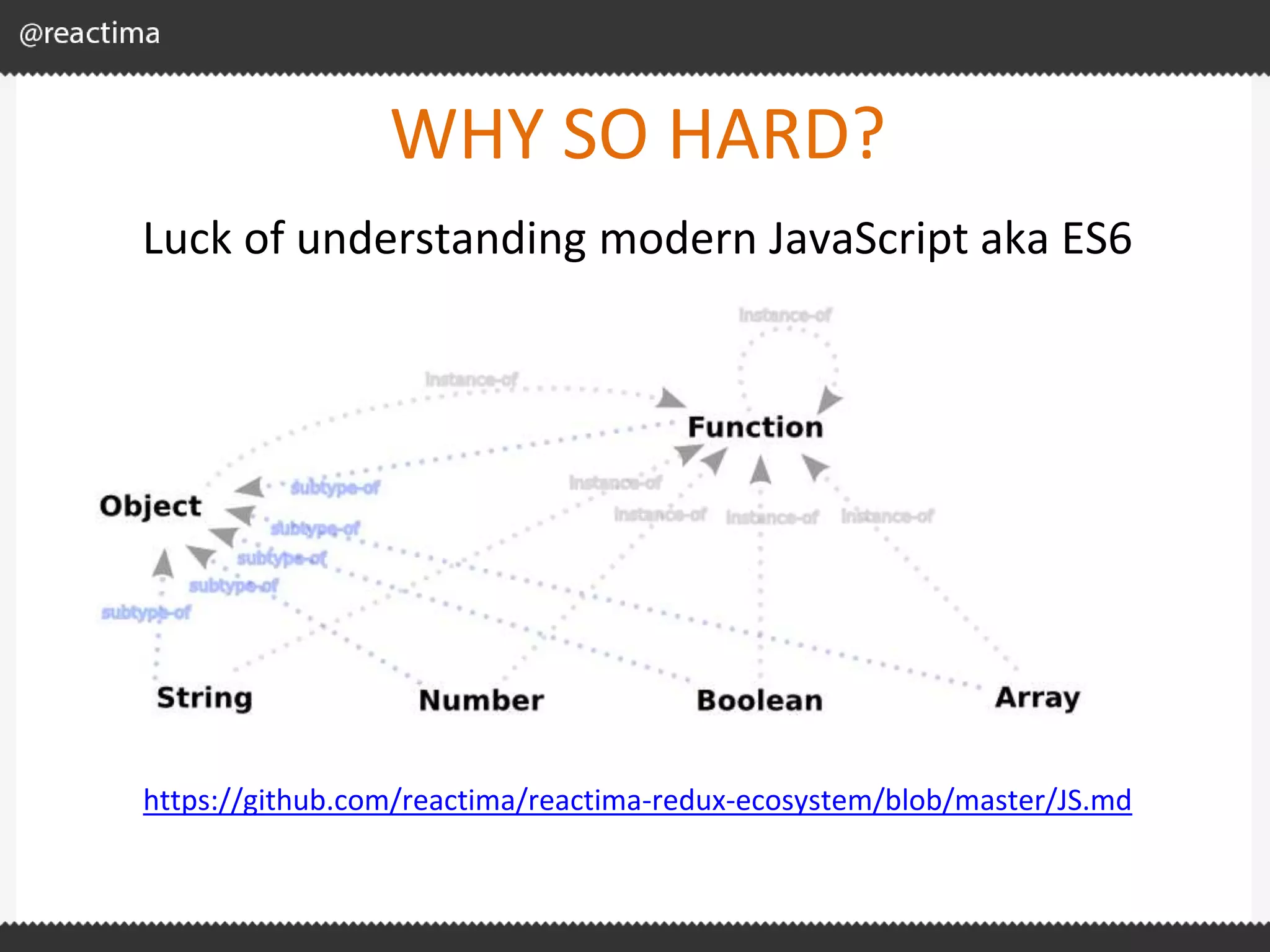 WHY SO HARD? Luck of understanding modern JavaScript aka ES6 https://github.com/reactima/reactima-redux-ecosystem/blob/master/JS.md 