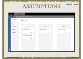 Board
https://www.page1.com/projectkey/board
My Project
BOARD
BACKLOG
ISSUES
REPORTS
BOARD
TO DO
Fix this never
Issue - 4
Fix this if possible
Issue - 3
WIP
Fix this next
Issue - 2
DONE
Fix this first
Issue - 1
ASSUMPTIONS
@PKodmad
 