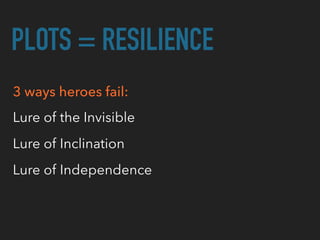 PLOTS = RESILIENCE
3 ways heroes fail:
Lure of the Invisible
Lure of Inclination
Lure of Independence
 