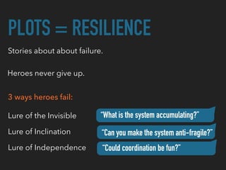 PLOTS = RESILIENCE
Stories about about failure.
Heroes never give up.
3 ways heroes fail:
Lure of the Invisible
Lure of Inclination
Lure of Independence “Could coordination be fun?”
“Can you make the system anti-fragile?”
“What is the system accumulating?”
 