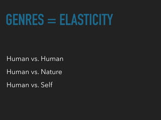 GENRES = ELASTICITY
Human vs. Human
Human vs. Nature
Human vs. Self
 