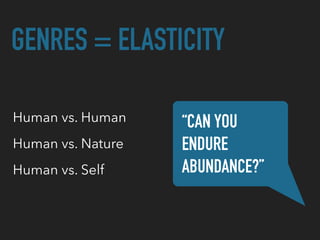 GENRES = ELASTICITY
Human vs. Human “CAN YOU  
ENDURE
ABUNDANCE?”
Human vs. Nature
Human vs. Self
 