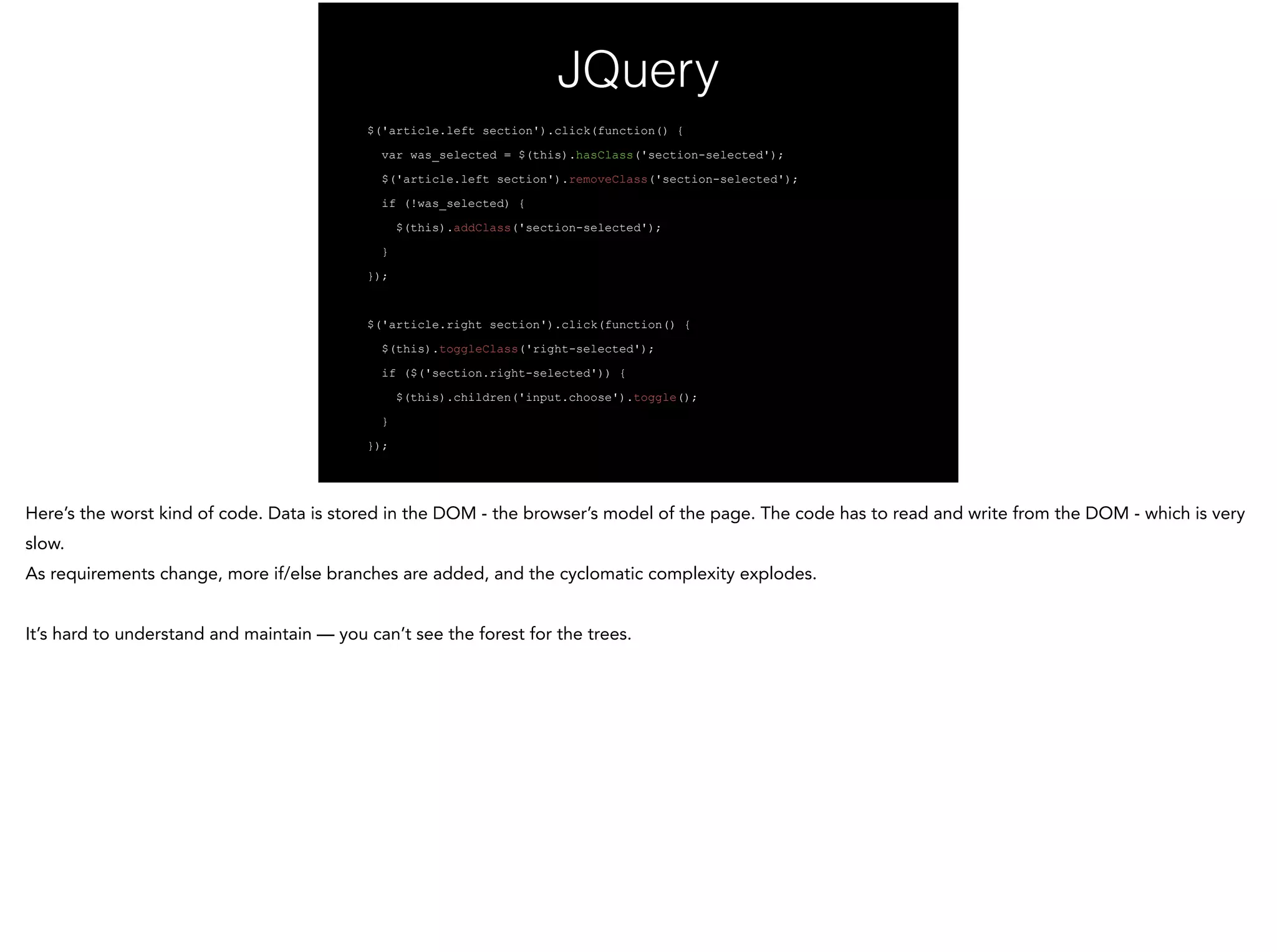 JQuery!
$('article.left section').click(function() {
var was_selected = $(this).hasClass('section-selected');
$('article.left section').removeClass('section-selected');
if (!was_selected) {
$(this).addClass('section-selected');
}
});
!
$('article.right section').click(function() {
$(this).toggleClass('right-selected');
if ($('section.right-selected')) {
$(this).children('input.choose').toggle();
}
});
 