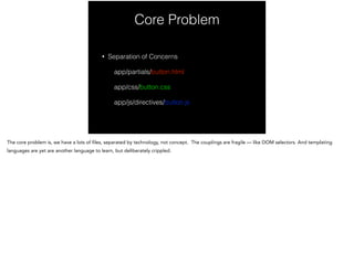 Core Problem
• Separation of Concerns
app/partials/button.html
app/css/button.css
app/js/directives/button.js
 