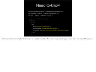 Need-to-know
var PictureOfTheDay = require('./Components/PictureOfTheDay.js');!
var DateBrowser = require('./Components/DateBrowser.js');!
var Title = require('./Components/Title.js');!
!
var SpacePics = React.createClass ({!
render() {!
return (!
<div>!
<Title title={this.state.title} />!
<PictureOfTheDay picture={this.state.picture} />!
<DateBrowser date={this.state.date} onChange={this._onDateChange} />!
</div>!
);!
 