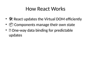 How React Works
• 🛠 React updates the Virtual DOM efficiently
• 📦 Components manage their own state
• 🔄 One-way data binding for predictable
updates
 