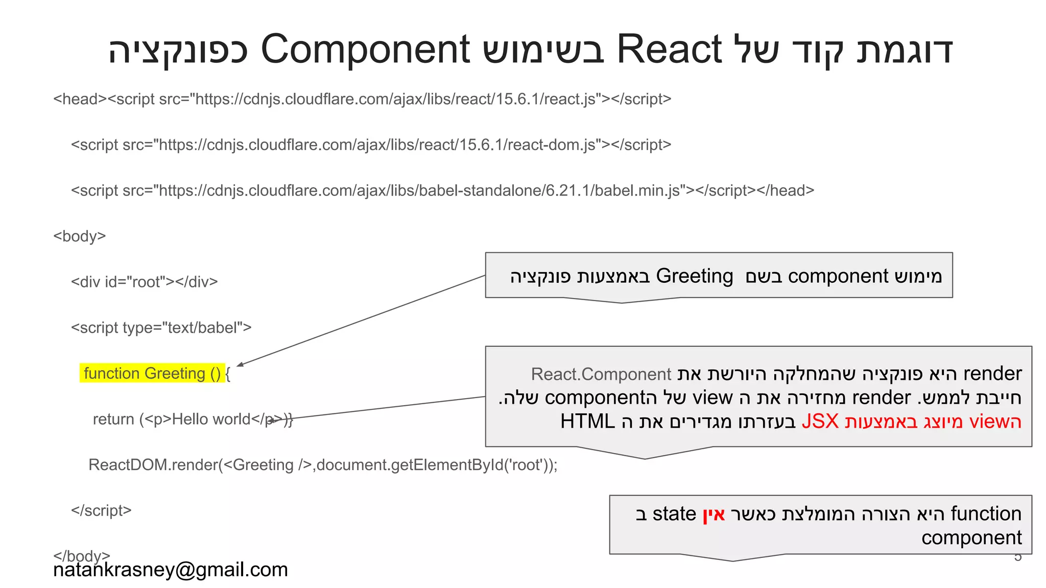‫כפונקציה‬ Component ‫בשימוש‬ React ‫של‬ ‫קוד‬ ‫דוגמת‬
<head><script src="https://cdnjs.cloudflare.com/ajax/libs/react/15.6.1/react.js"></script>
<script src="https://cdnjs.cloudflare.com/ajax/libs/react/15.6.1/react-dom.js"></script>
<script src="https://cdnjs.cloudflare.com/ajax/libs/babel-standalone/6.21.1/babel.min.js"></script></head>
<body>
<div id="root"></div>
<script type="text/babel">
function Greeting () {
return (<p>Hello world</p>)}
ReactDOM.render(<Greeting />,document.getElementById('root'));
</script>
</body>
natankrasney@gmail.com
5
‫פונקציה‬ ‫באמצעות‬ Greeting ‫בשם‬ component ‫מימוש‬
React.Component ‫את‬ ‫היורשת‬ ‫שהמחלקה‬ ‫פונקציה‬ ‫היא‬ render
.‫שלה‬ component‫ה‬ ‫של‬ view ‫ה‬ ‫את‬ ‫מחזירה‬ render .‫לממש‬ ‫חייבת‬
HTML ‫ה‬ ‫את‬ ‫מגדירים‬ ‫בעזרתו‬ JSX ‫באמצעות‬ ‫מיוצג‬ view‫ה‬
‫ב‬ state ‫אין‬ ‫כאשר‬ ‫המומלצת‬ ‫הצורה‬ ‫היא‬ function
component
 