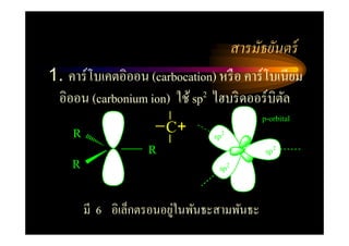 สารมัธยันตร์
1. คาร์โบเคตอิออน (carbocation) หรื อ คาร์โบเนียม
 อิออน (carbonium ion) ใช้ sp 2 ไฮบริ ดออร์ บิตล
                                               ั
                                            p-orbital

    R                   C+      sp2
                    R                        sp2
    R                            sp2




                          ่
        มี 6 อิเล็กตรอนอยูในพันธะสามพันธะ
 