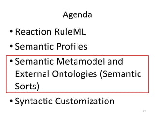 Agenda

• Reaction RuleML
• Semantic Profiles
• Semantic Metamodel and
External Ontologies (Semantic
Sorts)
• Syntactic Cu...