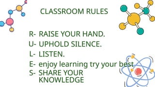 CLASSROOM RULES
R-
U-
L-
E-
S-
RAISE YOUR HAND.
UPHOLD SILENCE.
LISTEN.
enjoy learning try your best
SHARE YOUR
KNOWLEDGE
 
