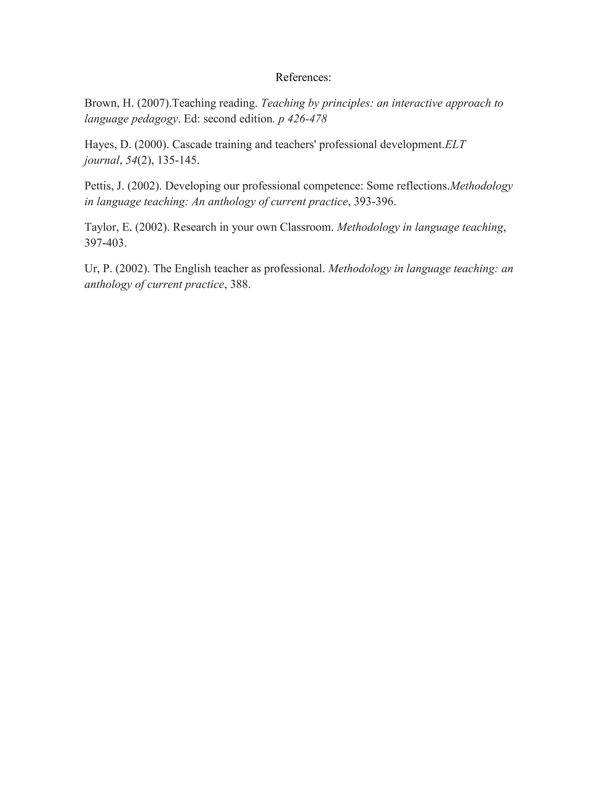 References:
Brown, H. (2007).Teaching reading. Teaching by principles: an interactive approach to
language pedagogy. Ed: second edition. p 426-478
Hayes, D. (2000). Cascade training and teachers' professional development.ELT
journal, 54(2), 135-145.
Pettis, J. (2002). Developing our professional competence: Some reflections.Methodology
in language teaching: An anthology of current practice, 393-396.
Taylor, E. (2002). Research in your own Classroom. Methodology in language teaching,
397-403.
Ur, P. (2002). The English teacher as professional. Methodology in language teaching: an
anthology of current practice, 388.

 