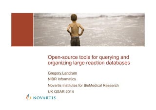 Gregory Landrum
NIBR Informatics
Novartis Institutes for BioMedical Research
UK QSAR 2014
Open-source tools for querying and
organizing large reaction databases
 