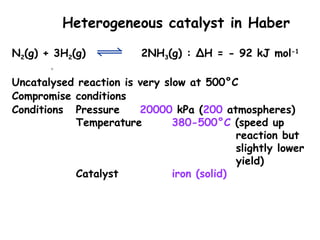 •
Heterogeneous catalyst in Haber
N2(g) + 3H2(g) 2NH3(g) : ∆H = - 92 kJ mol-1
Uncatalysed reaction is very slow at 500°C
Compromise conditions
Conditions Pressure 20000 kPa (200 atmospheres)
Temperature 380-500°C (speed up
reaction but
slightly lower
yield)
Catalyst iron (solid)
 