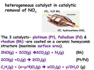 The 3 catalysts- platinum (Pt), Palladium (Pd) &
rhodium (Rh) –are coated on a ceramic honeycomb
structure (maximise surface area).
2NO(g) + 2CO(g) 2CO2(g) + N2(g) (Rh)
2CO(g) +O2(g)  2CO2(g) (Pt/Pd)
CxHy(g) + (x+y/4)O2(g)  xCO2(g) + y/2H2O (g)
CO, hydrocarbons &NOx
CO2, H2O &N2
heterogeneous catalyst in catalytic
removal of NOx
 