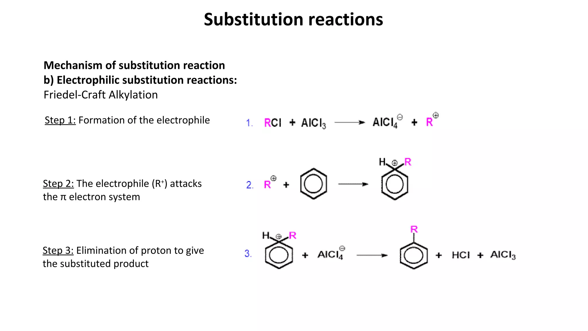 Substitution reactions
Mechanism of substitution reaction
b) Electrophilic substitution reactions:
Friedel-Craft Alkylation
Step 1: Formation of the electrophile
Step 2: The electrophile (R+
) attacks
the π electron system
Step 3: Elimination of proton to give
the substituted product
 