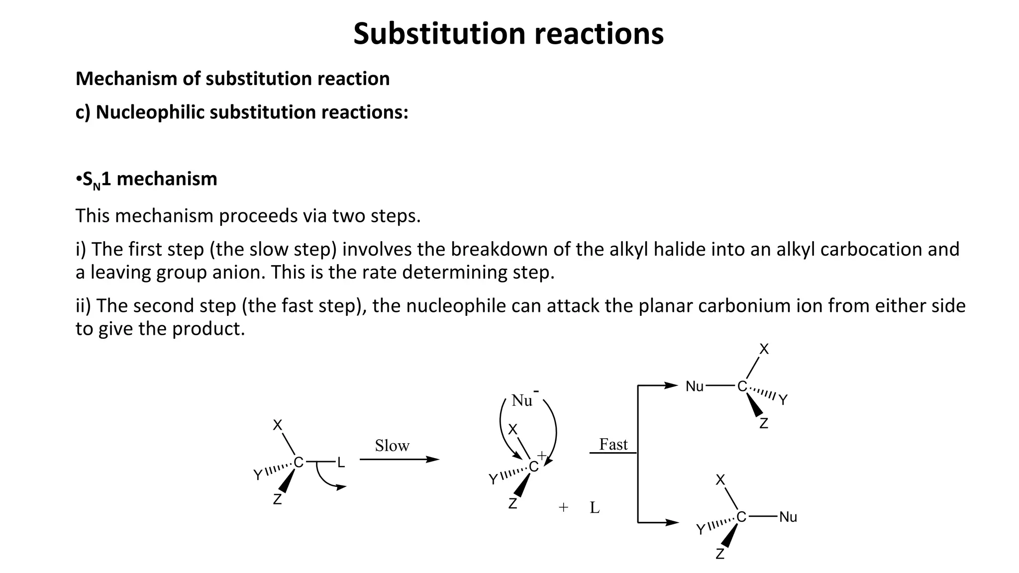 Substitution reactions
Mechanism of substitution reaction
c) Nucleophilic substitution reactions:
•SN1 mechanism
This mechanism proceeds via two steps.
i) The first step (the slow step) involves the breakdown of the alkyl halide into an alkyl carbocation and
a leaving group anion. This is the rate determining step.
ii) The second step (the fast step), the nucleophile can attack the planar carbonium ion from either side
to give the product.
C L
Z
X
Y
Slow
Nu
-
+ L
Nu C
Z
X
Y
C Nu
Z
X
Y
Fast
C
Z
X
Y
+
 
