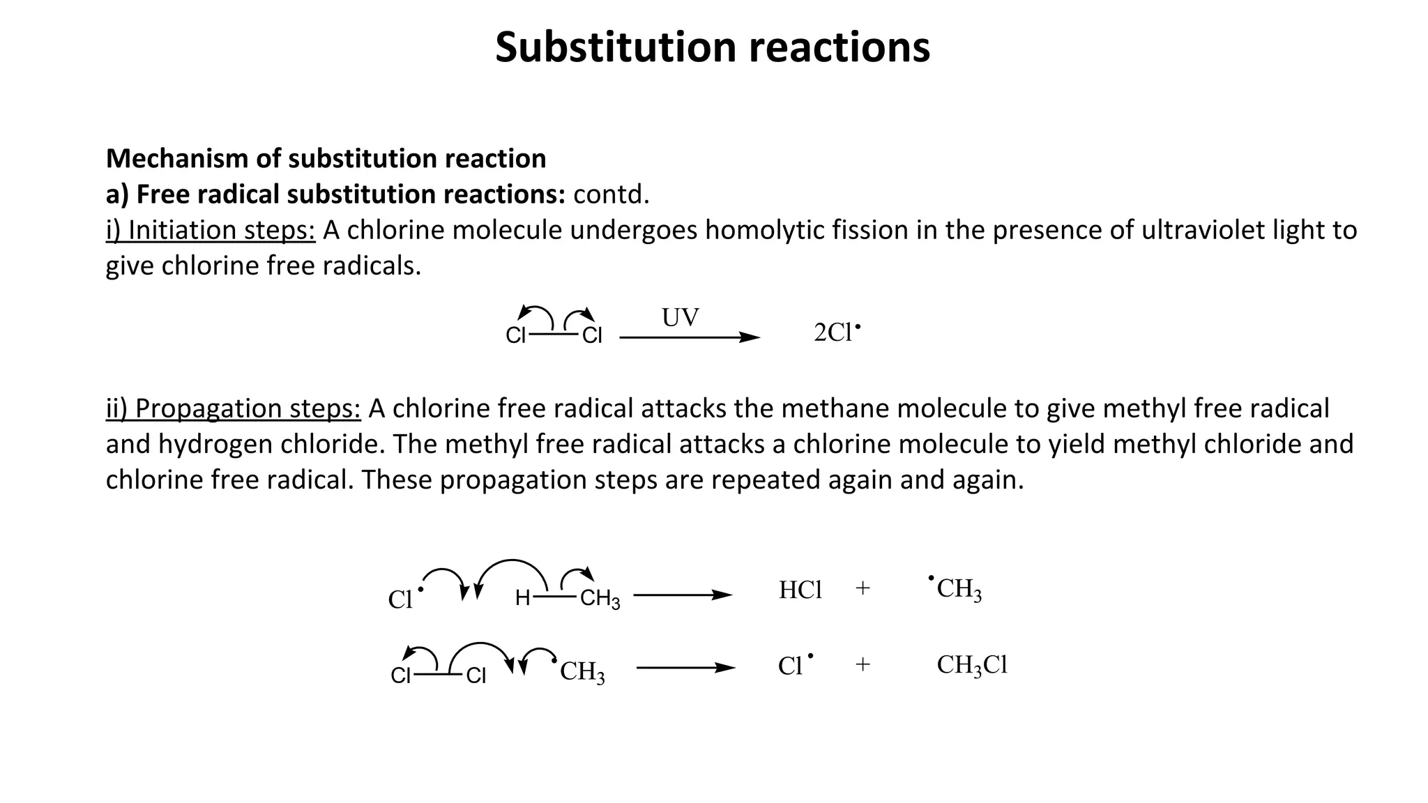 Substitution reactions
Mechanism of substitution reaction
a) Free radical substitution reactions: contd.
i) Initiation steps: A chlorine molecule undergoes homolytic fission in the presence of ultraviolet light to
give chlorine free radicals.
ii) Propagation steps: A chlorine free radical attacks the methane molecule to give methyl free radical
and hydrogen chloride. The methyl free radical attacks a chlorine molecule to yield methyl chloride and
chlorine free radical. These propagation steps are repeated again and again.
Cl Cl
UV
2Cl
Cl CH3
CH3
ClCl Cl
Cl H CH3
HCl + CH3
CH3
Cl + CH3Cl
 