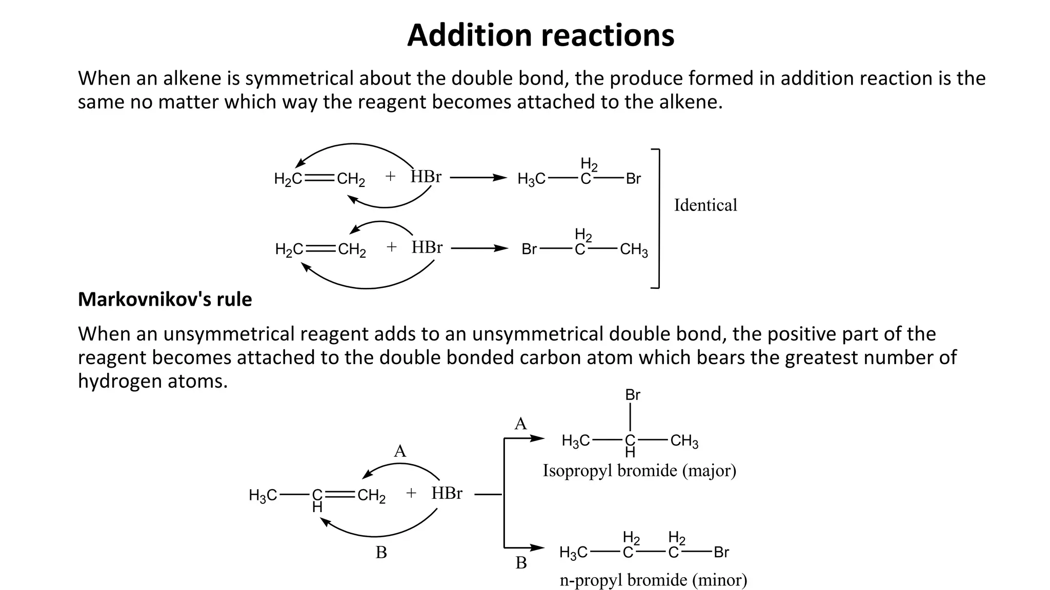 Addition reactions
When an alkene is symmetrical about the double bond, the produce formed in addition reaction is the
same no matter which way the reagent becomes attached to the alkene.
Markovnikov's rule
When an unsymmetrical reagent adds to an unsymmetrical double bond, the positive part of the
reagent becomes attached to the double bonded carbon atom which bears the greatest number of
hydrogen atoms.
H2C CH2 HBr H3C
H2
C Br+
H2C CH2 HBr
H2
C CH3+ Br
Identical
C
H
CH2 HBr
H3C C
H
CH3
+H3C
A
B
A
B
Br
Isopropyl bromide (major)
H3C
H2
C
H2
C
n-propyl bromide (minor)
Br
 