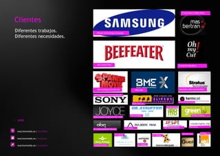 E-commerce: Online Store



Clientes
Diferentes trabajos.                 Mission Technology Campaign
Diferentes necesidades.




                                      Red Jewel Party                                                                                             FrontEnd & BackEnd




                                      Film landing and web site                              Web site                                             Interactive video presentation

                                 PHP Programming: Front End development



                                                                                                                                                  Backend programming
                                                                                         RENFE: Flash app

                                                                                                                                 Backend design




                                                                                      Video campaign                                                                 Branding & Website
                                 Digital magazine development: PHP + Flash

> LINKS

                                                                                                                              Web site programming.              Flash website
                                                                              ID + Website
                                 ID + Payment gateway online app.
  reactionmedia.es | portfolio
                                                                                                                                                      Interactive video          Branding
                                                               ID + Website                                    ID + Website

  reactionmedia.es | nosotros

                                                                                                ID + Website
  reactionmedia.es | contacto    Corporative identity
 