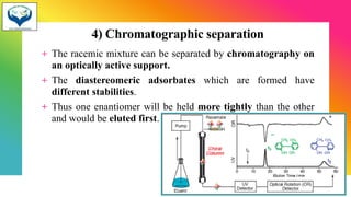 4) Chromatographic separation
+ The racemic mixture can be separated by chromatography on
an optically active support.
+ The diastereomeric adsorbates which are formed have
different stabilities.
+ Thus one enantiomer will be held more tightly than the other
and would be eluted first.10
20
 