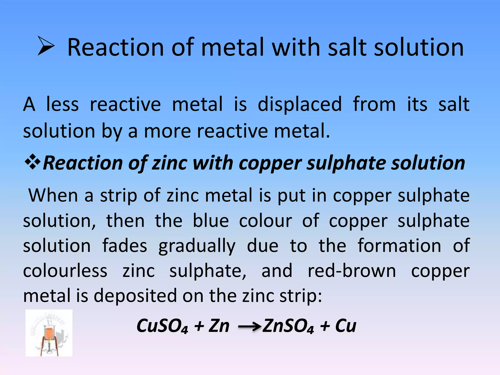  Reaction of metal with salt solution 
A less reactive metal is displaced from its salt 
solution by a more reactive metal. 
Reaction of zinc with copper sulphate solution 
When a strip of zinc metal is put in copper sulphate 
solution, then the blue colour of copper sulphate 
solution fades gradually due to the formation of 
colourless zinc sulphate, and red-brown copper 
metal is deposited on the zinc strip: 
CuSO₄ + Zn ZnSO₄ + Cu 
 