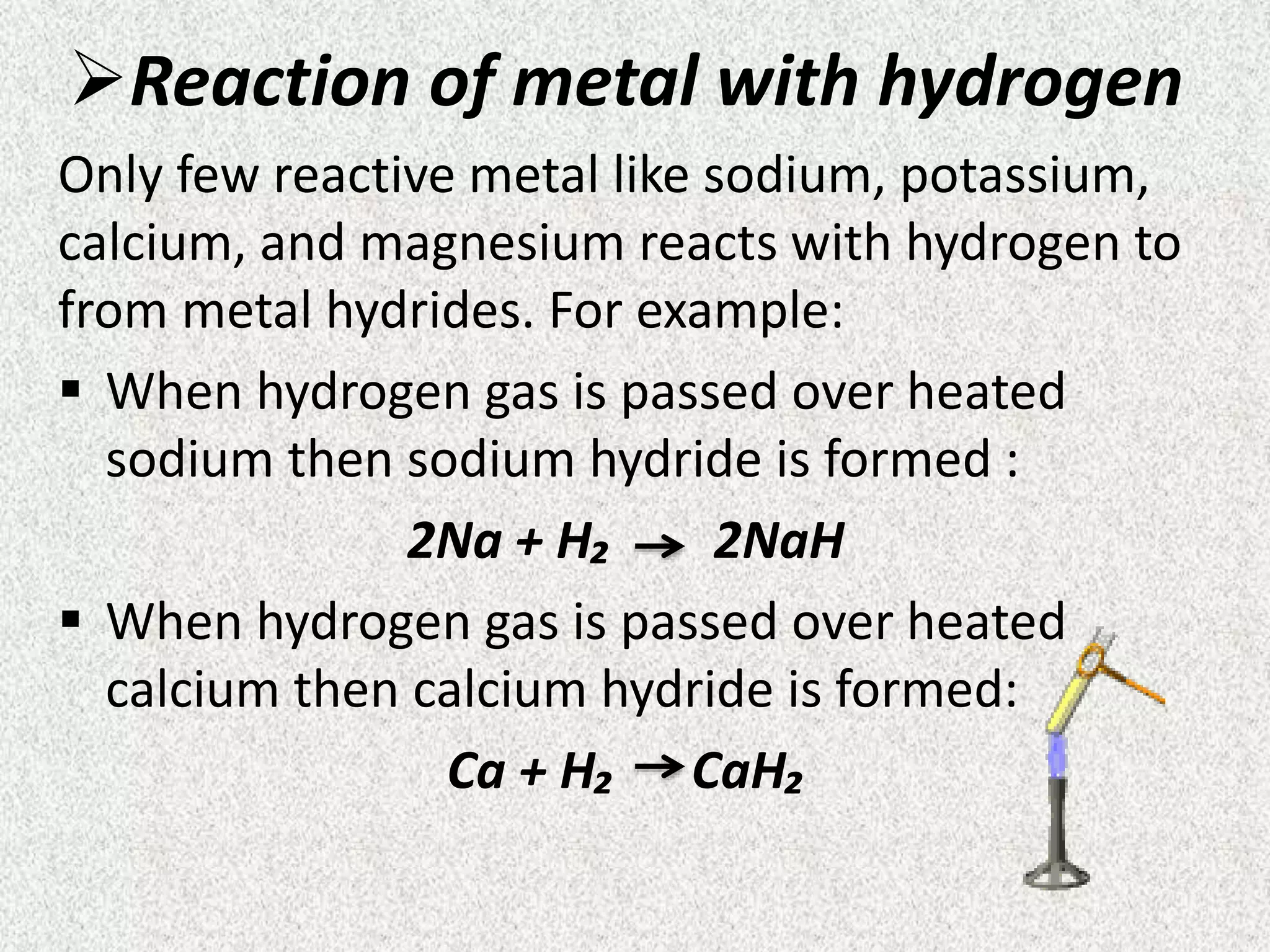 Reaction of metal with hydrogen 
Only few reactive metal like sodium, potassium, 
calcium, and magnesium reacts with hydrogen to 
from metal hydrides. For example: 
 When hydrogen gas is passed over heated 
sodium then sodium hydride is formed : 
2Na + H₂ 2NaH 
 When hydrogen gas is passed over heated 
calcium then calcium hydride is formed: 
Ca + H₂ CaH₂ 
 