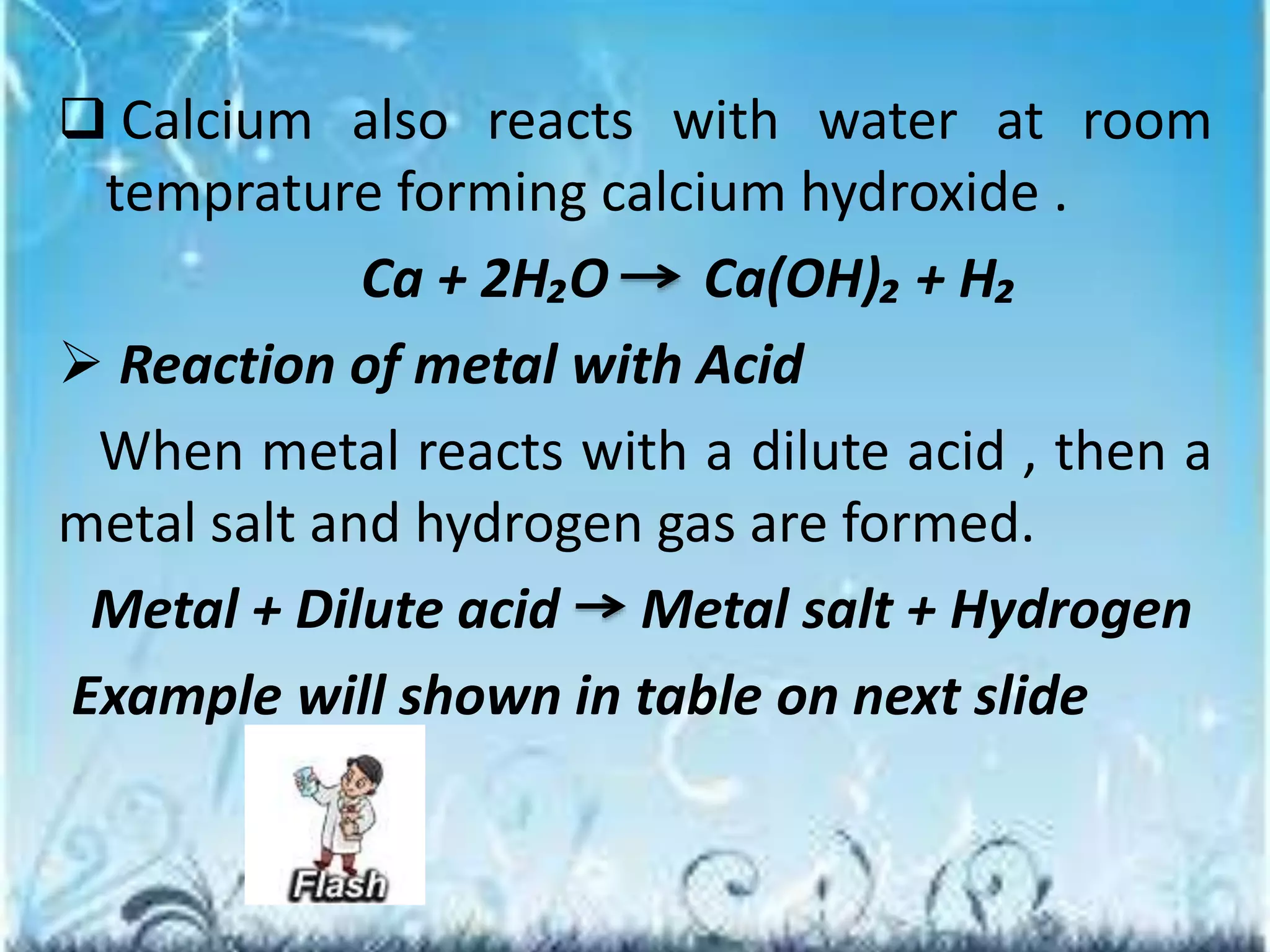  Calcium also reacts with water at room 
temprature forming calcium hydroxide . 
Ca + 2H₂O Ca(OH)₂ + H₂ 
 Reaction of metal with Acid 
When metal reacts with a dilute acid , then a 
metal salt and hydrogen gas are formed. 
Metal + Dilute acid Metal salt + Hydrogen 
Example will shown in table on next slide 
 