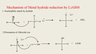 Mechanism of Metal hydride reduction by LiAlH4
R C
O
H + Al
H
H
H
H
Li R C
O
H
H
Li+
+ AlH3
1. Nucleophilic attack by hydride
2.Protonation of Alkoxide ion
R C
O
H
H
Li+
+ H OH R C
OH
H
H
+ LiOH
 