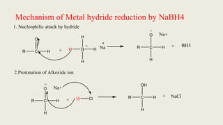 Mechanism of Metal hydride reduction by NaBH4
R C
O
H + B
H
H
H
H
Na R C
O
H
H
Na+
+ BH3
1. Nucleophilic attack by hydride
2.Protonation of Alkoxide ion
R C
O
H
H
Na+
+ H Cl R C
OH
H
H
+ NaCl
 