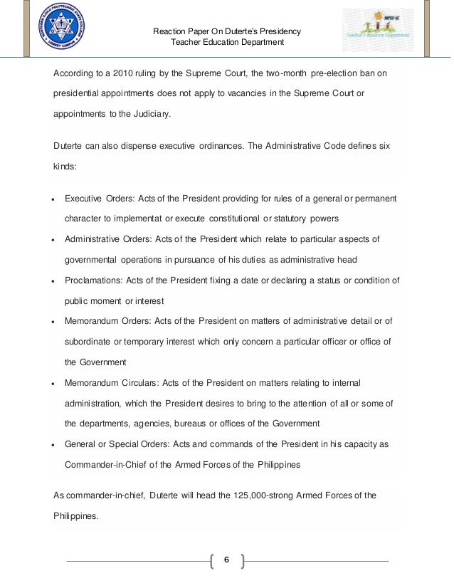 Reaction paper in President Rodrigo Duterte Administration