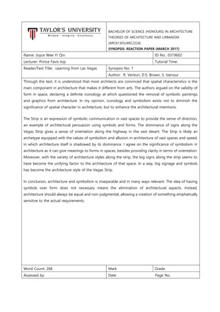 BACHELOR OF SCIENCE (HONOURS) IN ARCHITECTURE
THEORIES OF ARCHITECTURE AND URBANISM
(ARC61303/ARC2224)
SYNOPSIS: REACTION ...