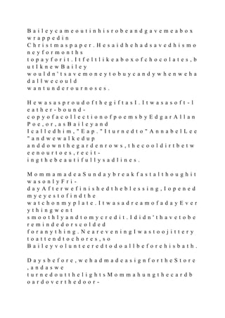 B a i l e y c a m e o u t i n h i s r o b e a n d g a v e m e a b o x
w r a p p e d i n
C h r i s t m a s p a p e r . H e s a i d h e h a d s a v e d h i s m o
n e y f o r m o n t h s
t o p a y f o r i t . I t f e l t l i k e a b o x o f c h o c o l a t e s , b
u t I k n e w B a i l e y
w o u l d n ' t s a v e m o n e y t o b u y c a n d y w h e n w e h a
d a l l w e c o u l d
w a n t u n d e r o u r n o s e s .
H e w a s a s p r o u d o f t h e g i f t a s I . I t w a s a s o f t - l
e a t h e r - b o u n d -
c o p y o f a c o l l e c t i o n o f p o e m s b y E d g a r A l l a n
P o e , o r , a s B a i l e y a n d
I c a l l e d h i m , " E a p . " I t u r n e d t o " A n n a b e l L e e
" a n d w e w a l k e d u p
a n d d o w n t h e g a r d e n r o w s , t h e c o o l d i r t b e t w
e e n o u r t o e s , r e c i t -
i n g t h e b e a u t i f u l l y s a d l i n e s .
M o m m a m a d e a S u n d a y b r e a k f a s t a l t h o u g h i t
w a s o n l y F r i -
d a y A f t e r w e f i n i s h e d t h e b l e s s i n g , I o p e n e d
m y e y e s t o f i n d t h e
w a t c h o n m y p l a t e . I t w a s a d r e a m o f a d a y E v e r
y t h i n g w e n t
s m o o t h l y a n d t o m y c r e d i t . I d i d n ' t h a v e t o b e
r e m i n d e d o r s c o l d e d
f o r a n y t h i n g . N e a r e v e n i n g I w a s t o o j i t t e r y
t o a t t e n d t o c h o r e s , s o
B a i l e y v o l u n t e e r e d t o d o a l l b e f o r e h i s b a t h .
D a y s b e f o r e , w e h a d m a d e a s i g n f o r t h e S t o r e
, a n d a s w e
t u r n e d o u t t h e l i g h t s M o m m a h u n g t h e c a r d b
o a r d o v e r t h e d o o r -
 