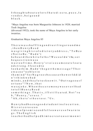 I t h o u g h t a b o u t c o l o r s I h a t e d : e c r u , p u c e , l a
v e n d e r , b e i g e a n d
b l a c k .
^Maya Angelou was born Marguerite Johnson in 1928; married
Tosh Angelou
(divorced 1952); took the name of Maya Angelou in her early
twenties.
Graduation Maya Angelou 85
T h e r e w a s s h u f f l i n g a n d r u s t l i n g a r o u n d m e
, t h e n H e n r y R e e d
w a s g i v i n g h i s v a l e d i c t o r y a d d r e s s , " T o B e o
r N o t t o B e . " H a d n ' t
h e h e a r d t h e w h i t e f o l k s ? W e c o u l d n ' t be, s o t
h e q u e s t i o n w a s a
w a s t e o f t i m e . H e n r y ' s v o i c e c a m e o u t c l e a r a
n d s t r o n g . I f e a r e d t o
l o o k a t h i m . H a d n ' t h e g o t t h e m e s s a g e ? T h e r
e w a s n o " n o b l e r i n
t h e m i n d " f o r N e g r o e s b e c a u s e t h e w o r l d d i d
n ' t t h i n k w e h a d
m i n d s , a n d t h e y l e t u s k n o w i t . " O u t r a g e o u s f
o r t u n e " ? N o w , t h a t
w a s a j o k e . W h e n t h e c e r e m o n y w a s o v e r I h a d
t o t e l l H e n r y R e e d
s o m e t h i n g s . T h a t i s , i f I s t i l l c a r e d . N o t " r u
b , " H e n r y , " e r a s e . "
" A h , t h e r e ' s t h e e r a s e . " U s .
H e n r y h a d b e e n a g o o d s t u d e n t i n e l o c u t i o n .
H i s v o i c e r o s e o n
t i d e s o f p r o m i s e a n d f e l l o n w a v e s o f w a r n i n
g s . T h e E n g l i s h
t e a c h e r h a d h e l p e d h i m t o c r e a t e a s e r m o n w i
 