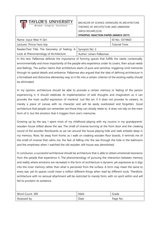 BACHELOR OF SCIENCE (HONOURS) IN ARCHITECTURE
THEORIES OF ARCHITECTURE AND URBANISM
(ARC61303/ARC2224)
SYNOPSIS: REACTION ...
