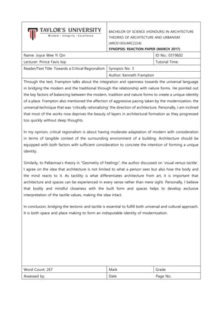 BACHELOR OF SCIENCE (HONOURS) IN ARCHITECTURE
THEORIES OF ARCHITECTURE AND URBANISM
(ARC61303/ARC2224)
SYNOPSIS: REACTION ...